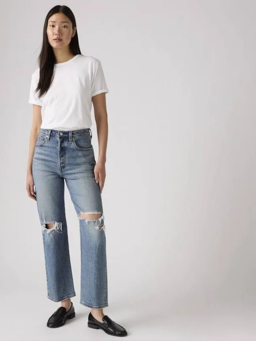 Levis Ribcage Straight Ankle Light Blue Denim Jeans Women W24 L27 Distressed